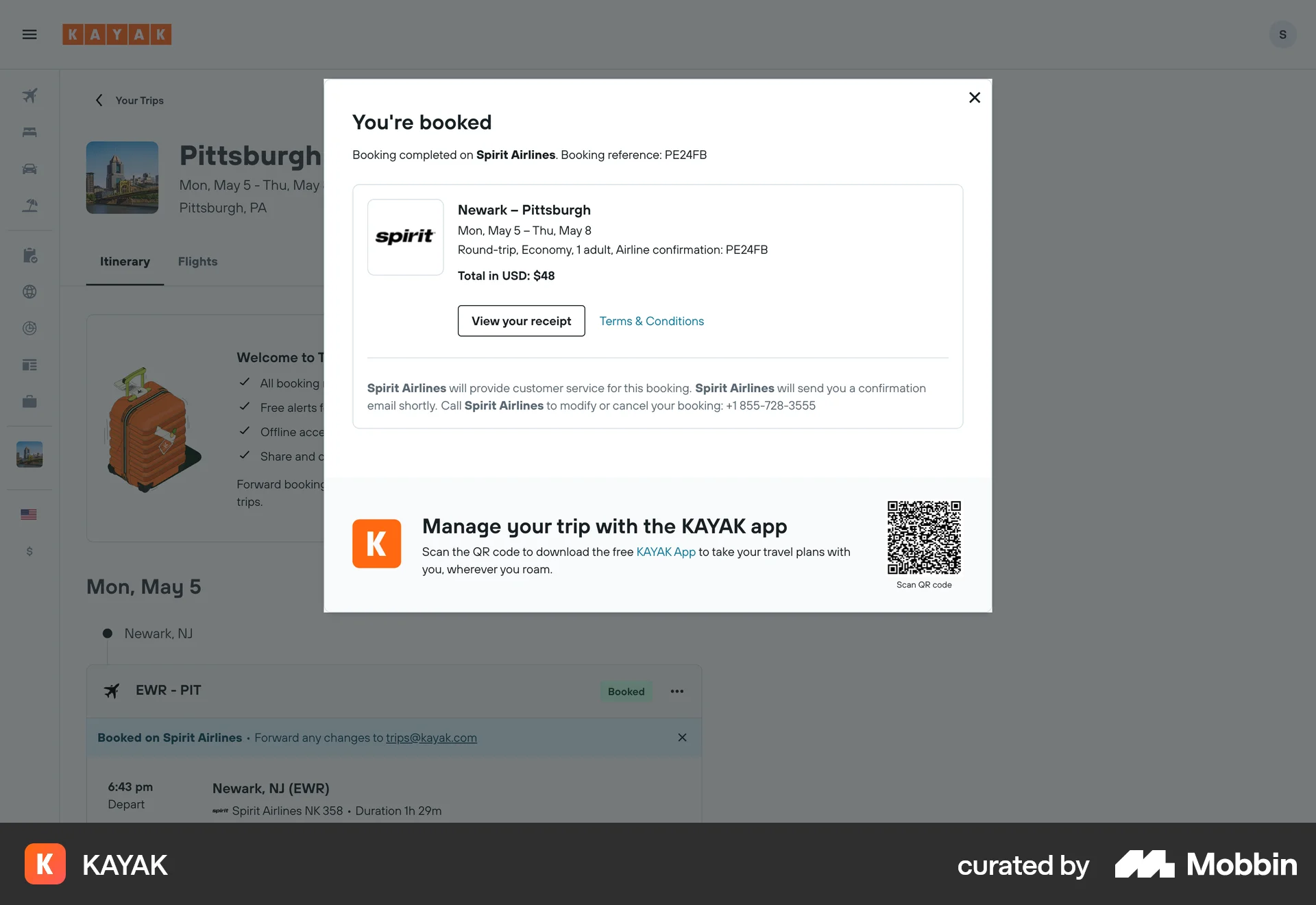 KAYAK Web Order Confirmation screen