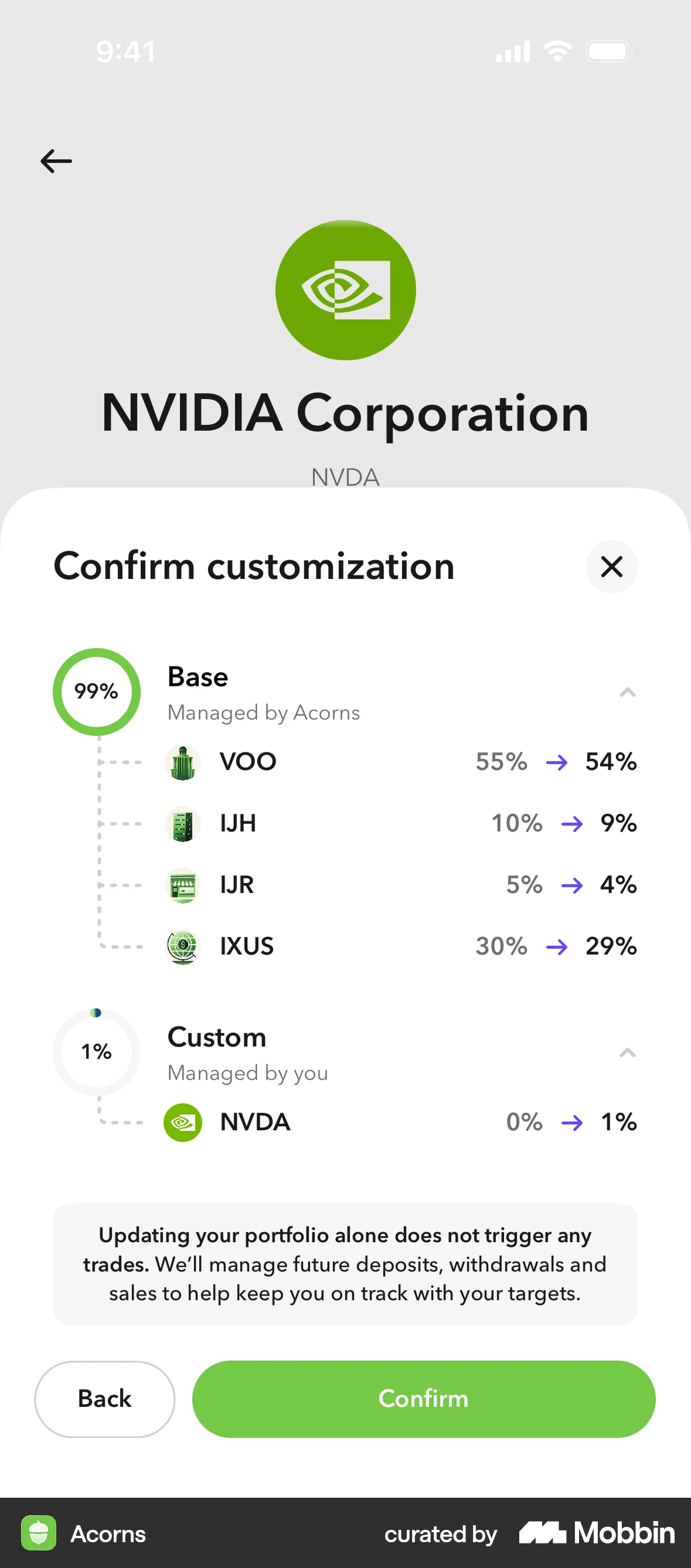 Acorns iOS Confirmation screen