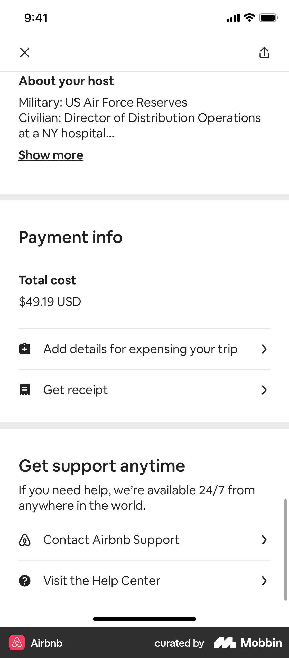 Airbnb iOS Order History screen