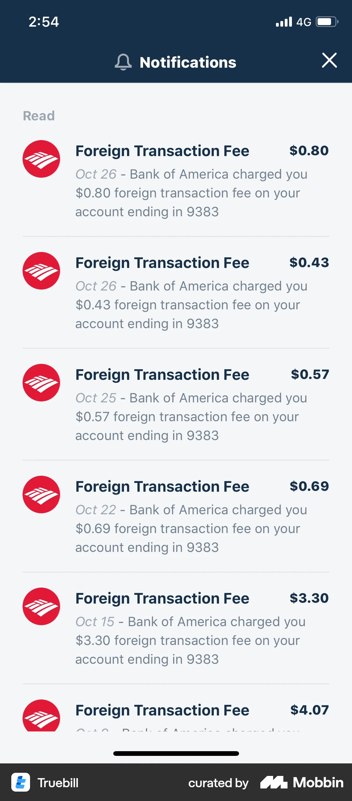Truebill iOS Notifications screen