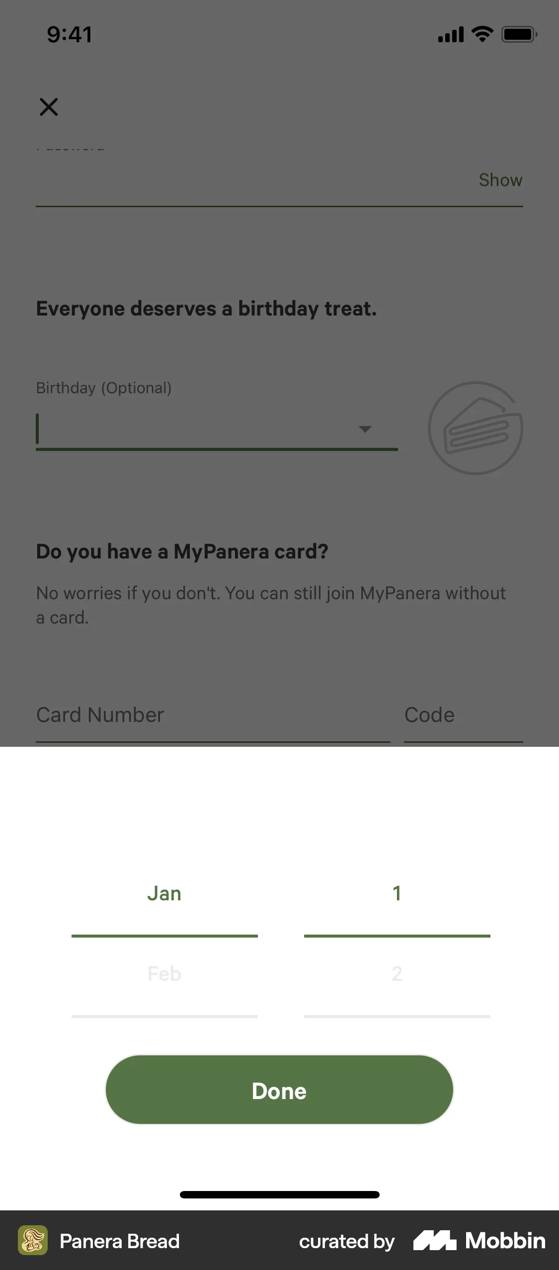 Panera Bread iOS screen containing Date Picker UI element