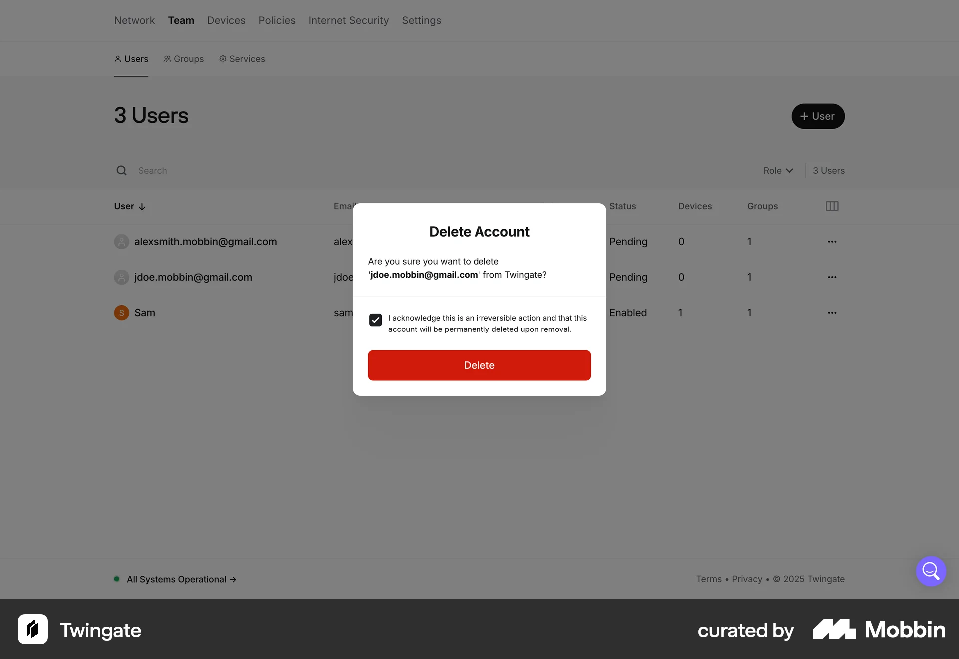 Twingate Web Delete & Deactivate Account screen