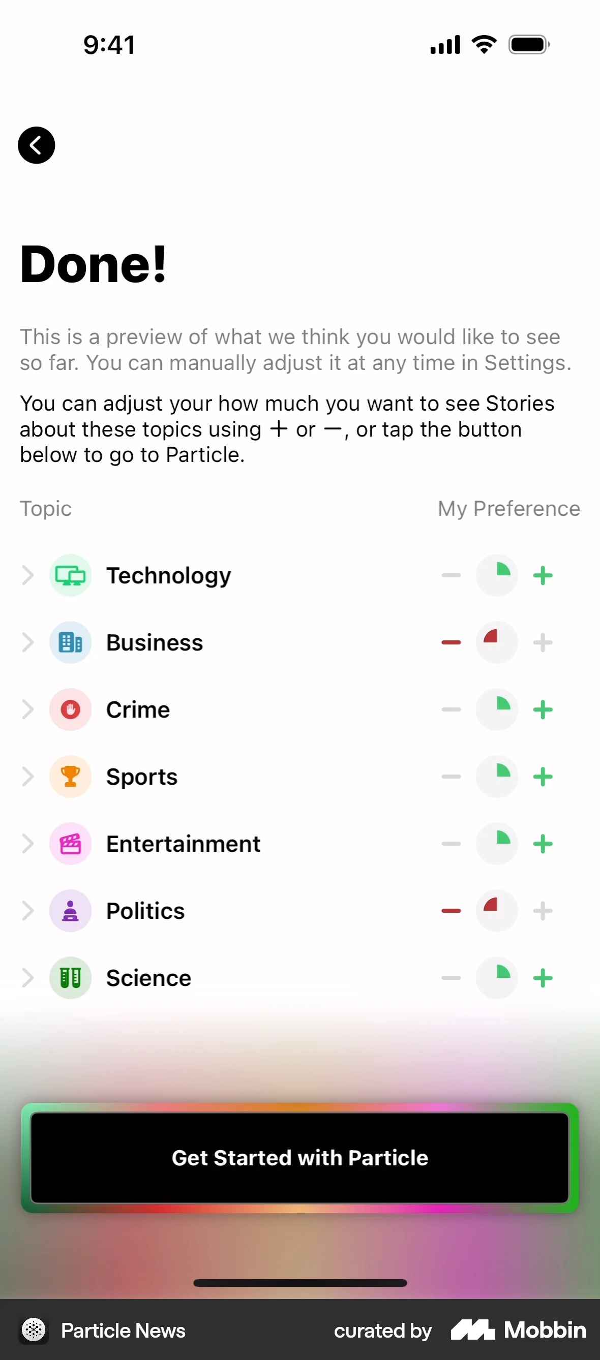 Particle News iOS screen containing Stepper UI element