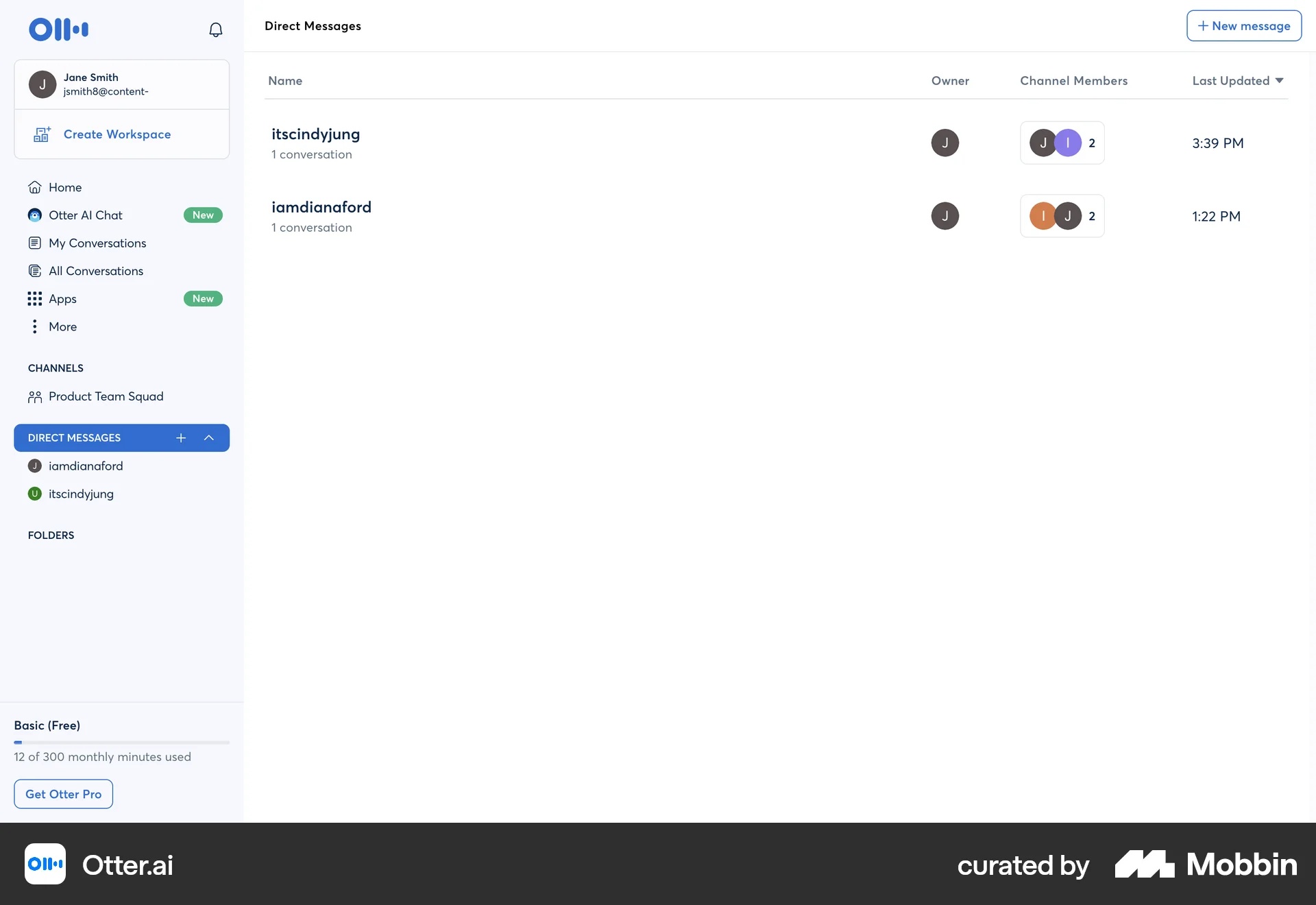 Otter.ai Web Emails & Messages screen