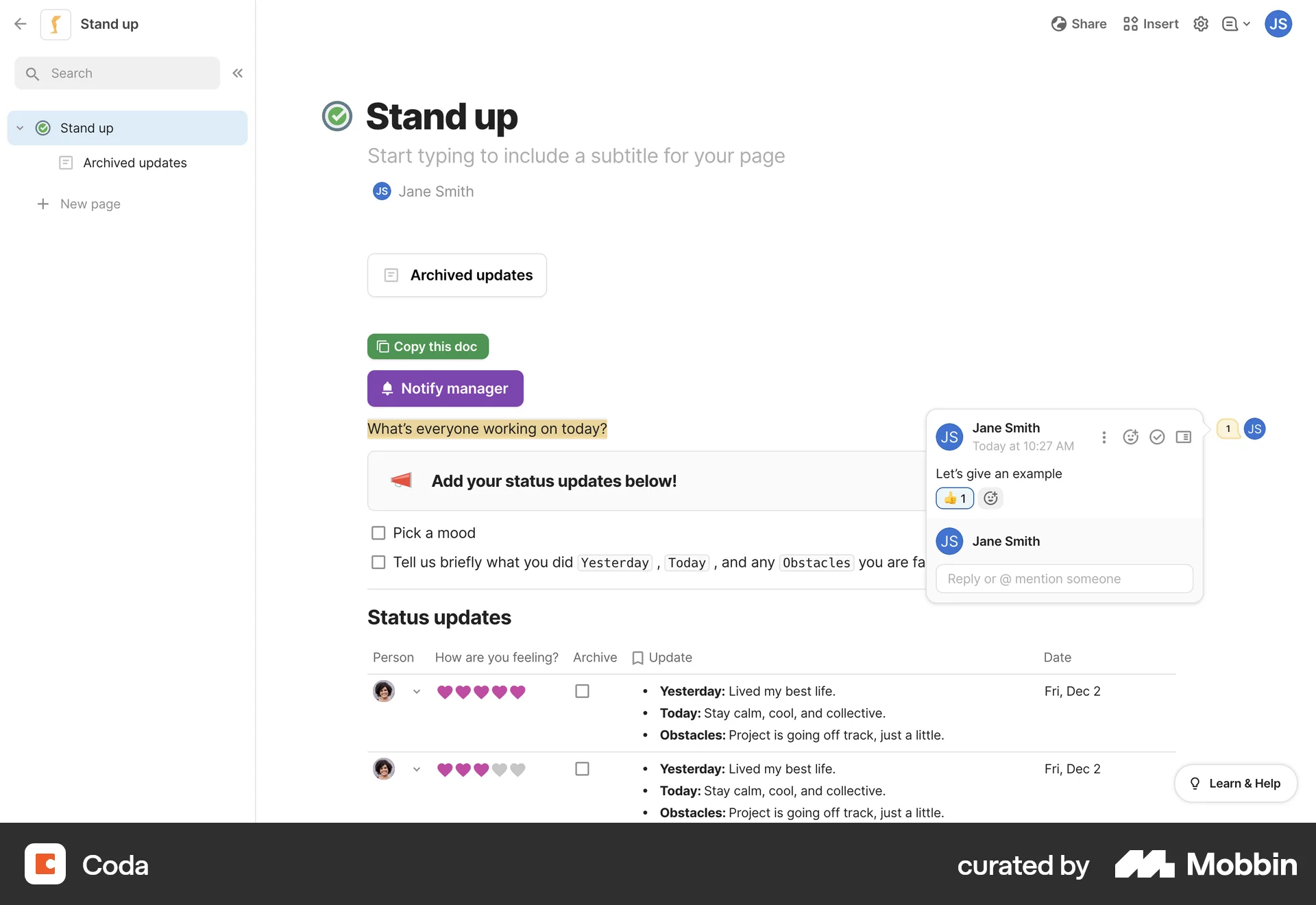 Coda Web Like & Upvote screen