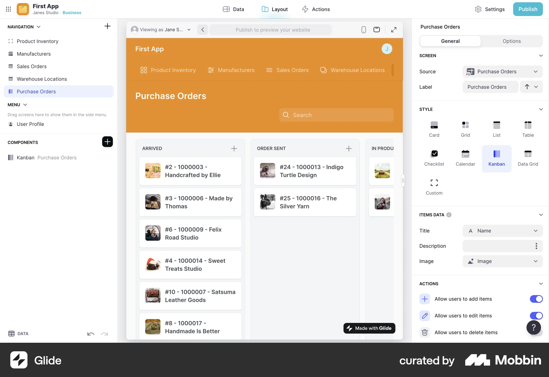 Glide Web Kanban Board screen