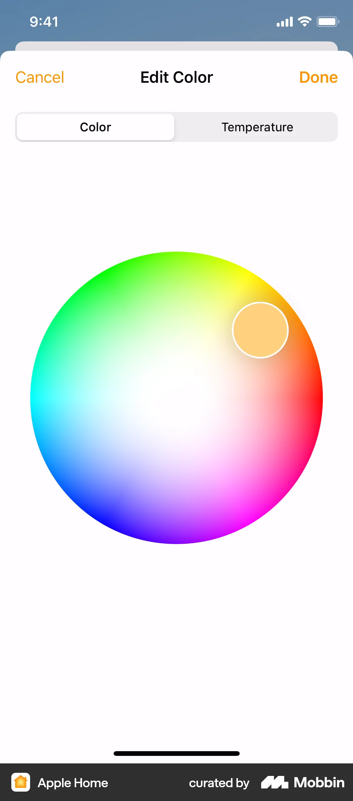 Apple Home iOS screen containing Color Picker UI element