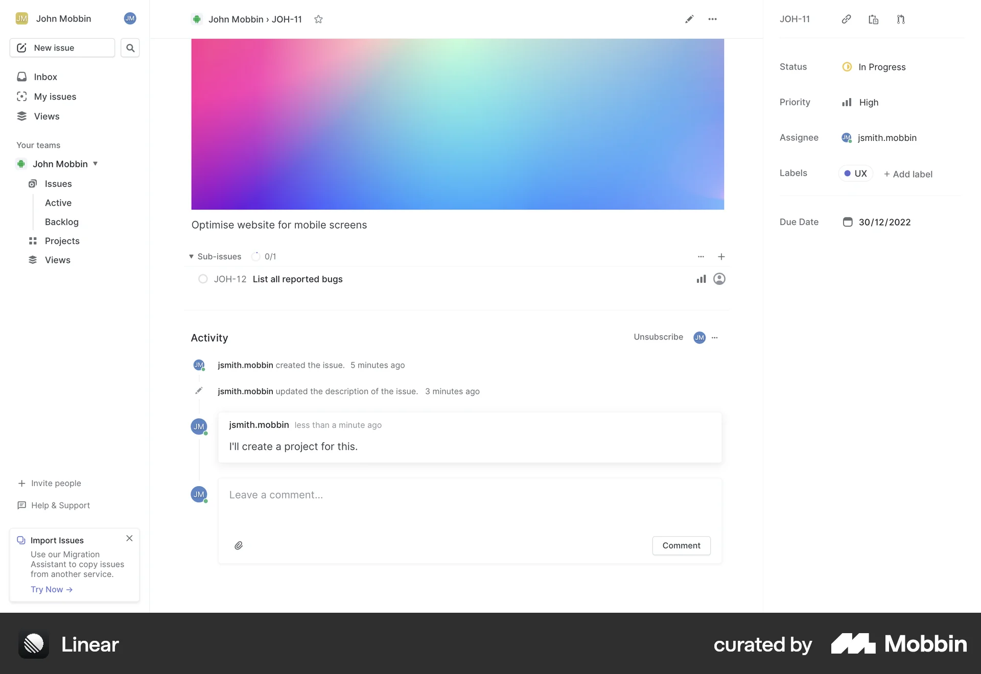 Linear Web Comments screen