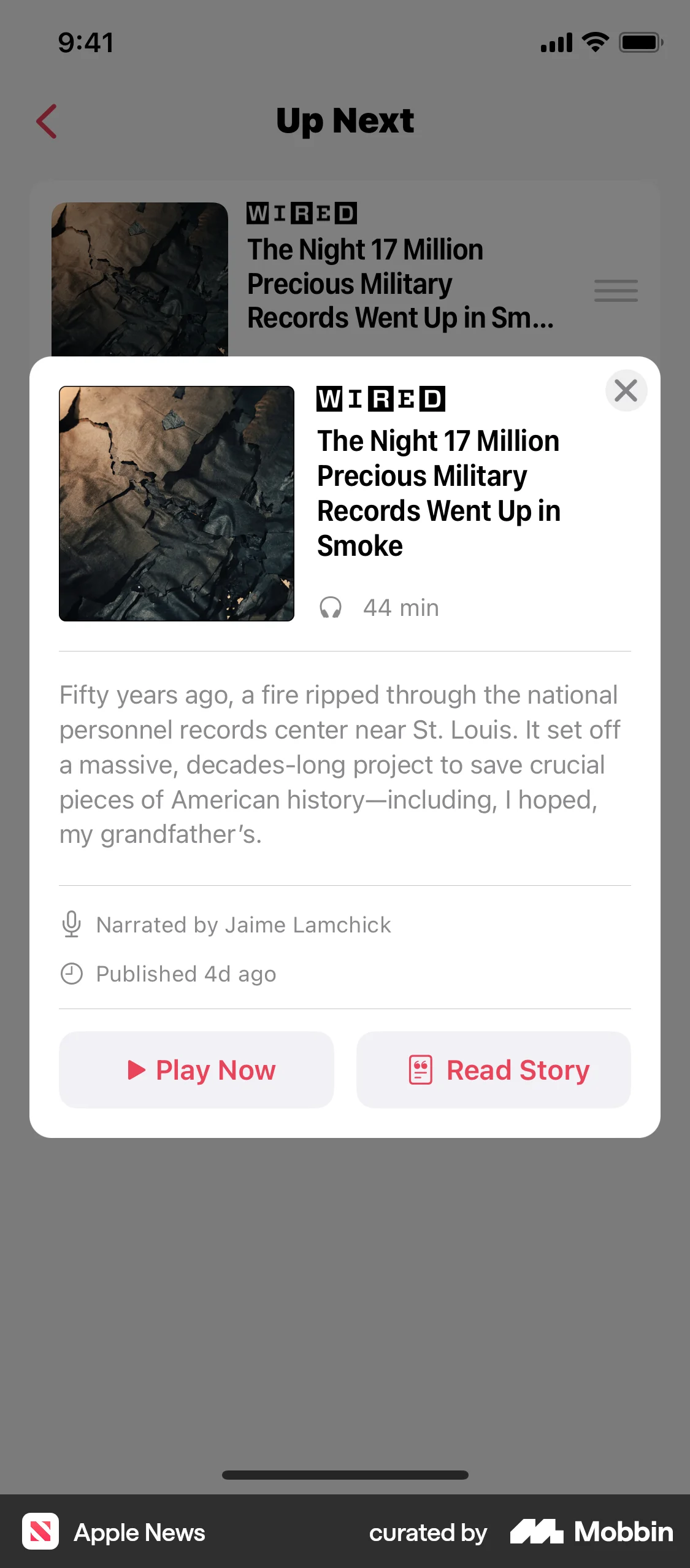 Apple News iOS Song & Podcast Detail screen
