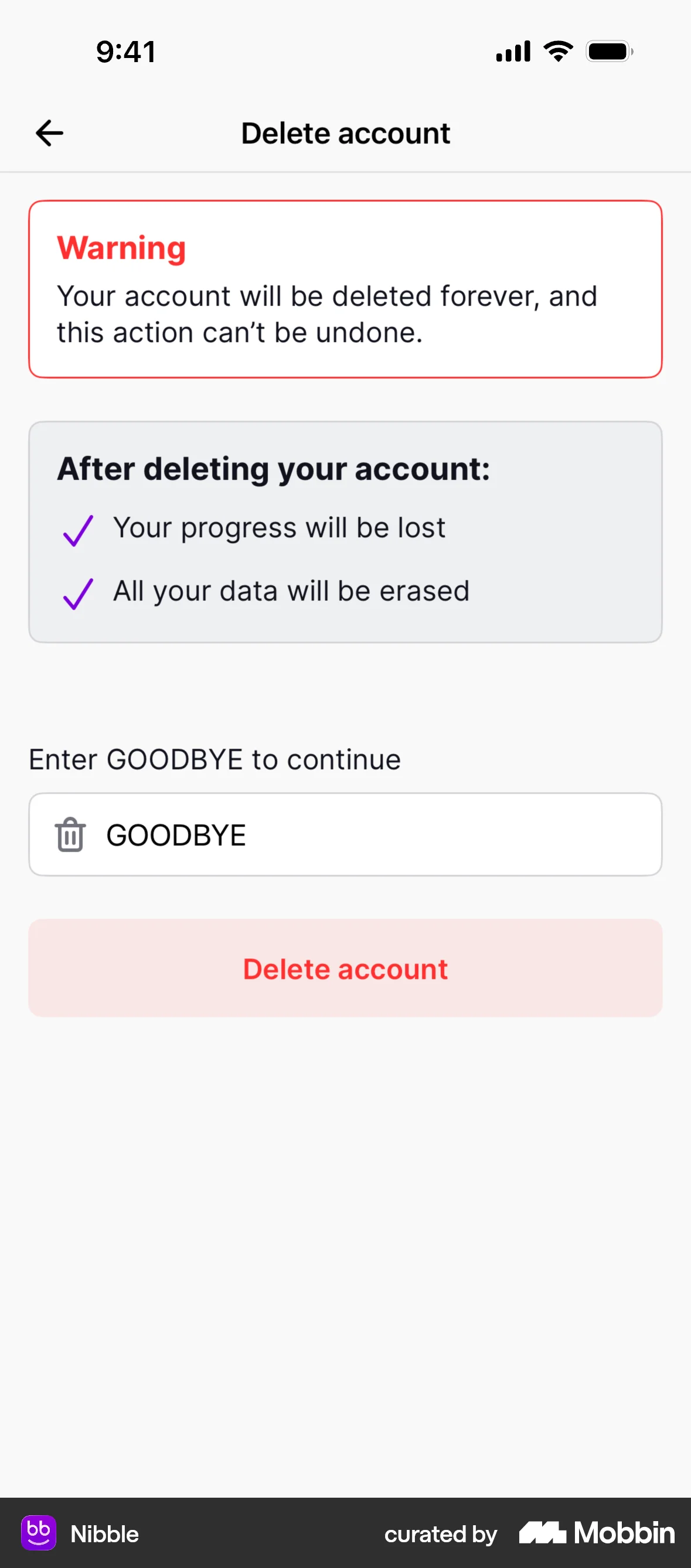 Nibble iOS Confirmation screen