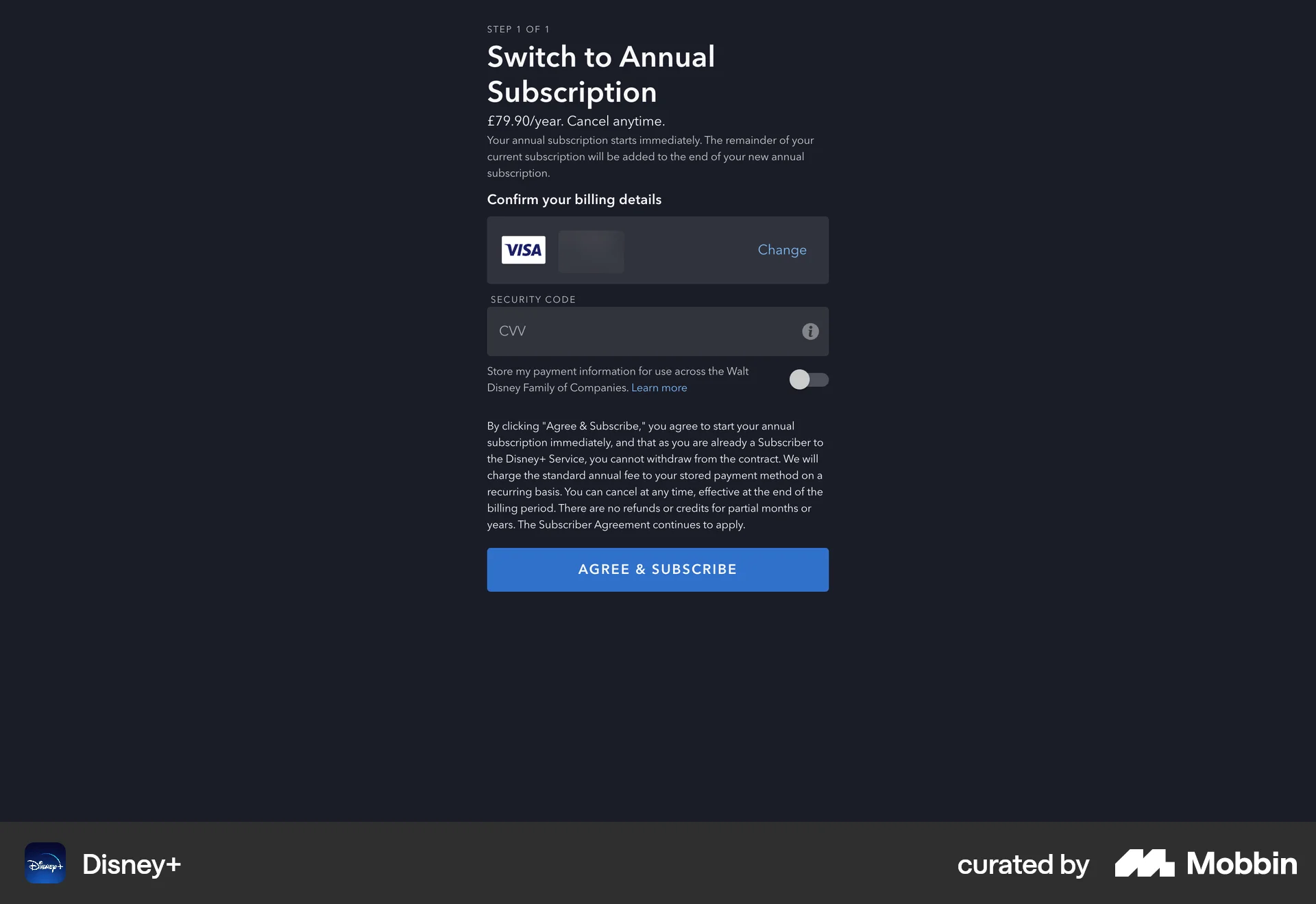 Disney+ Web Checkout screen