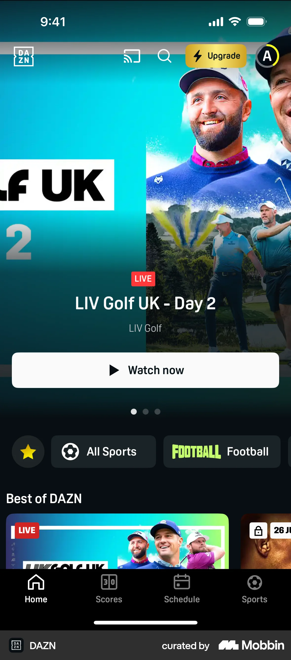 DAZN iOS screen containing Tab Bar UI element