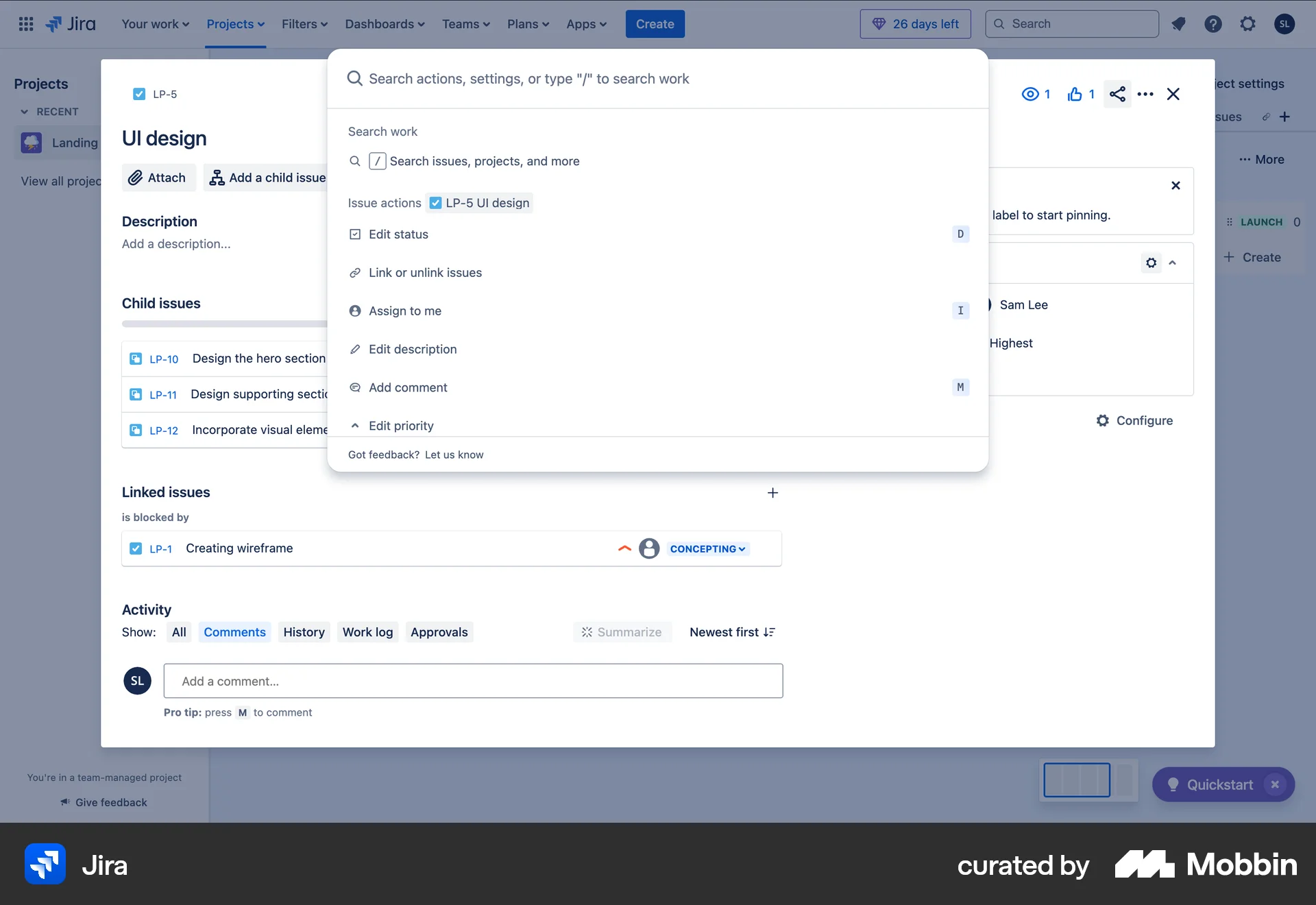 Jira Web Command Palette screen
