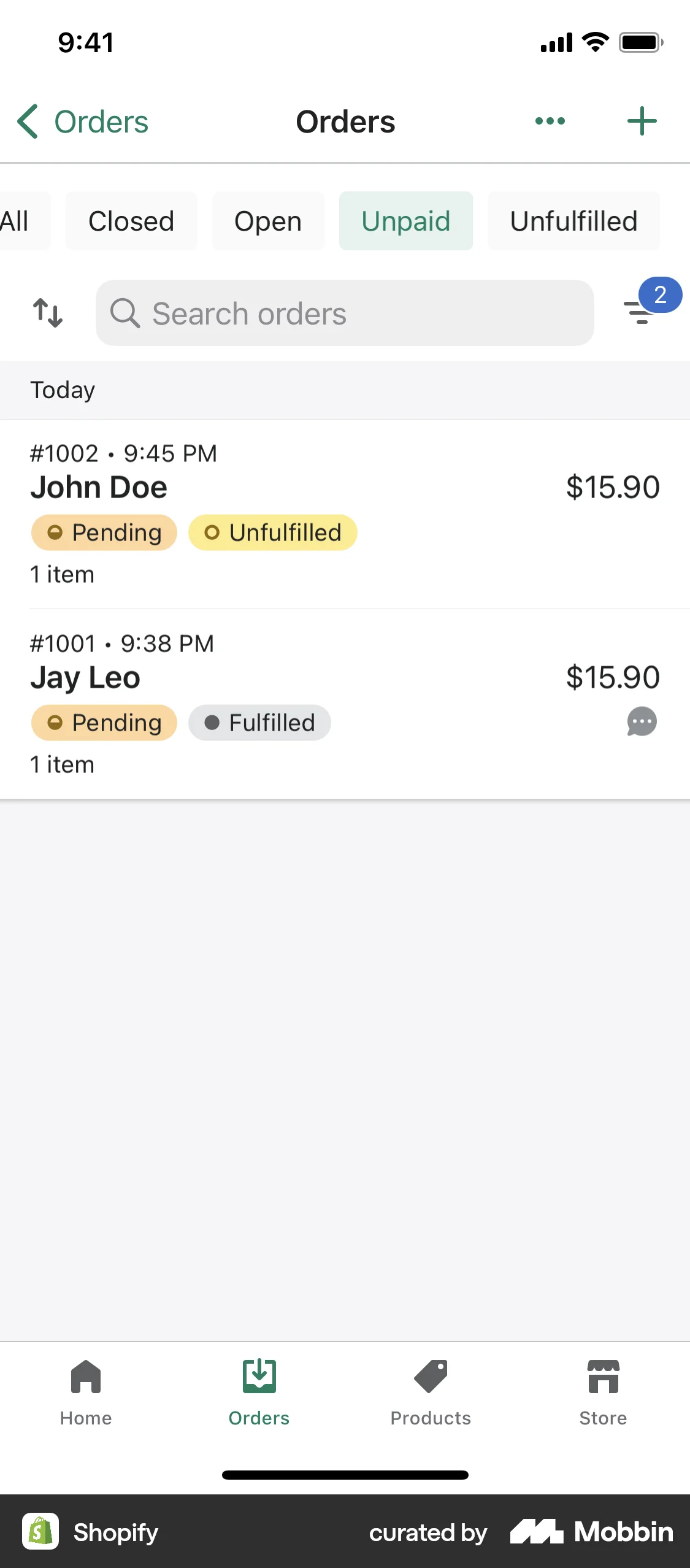 Shopify iOS Order History screen