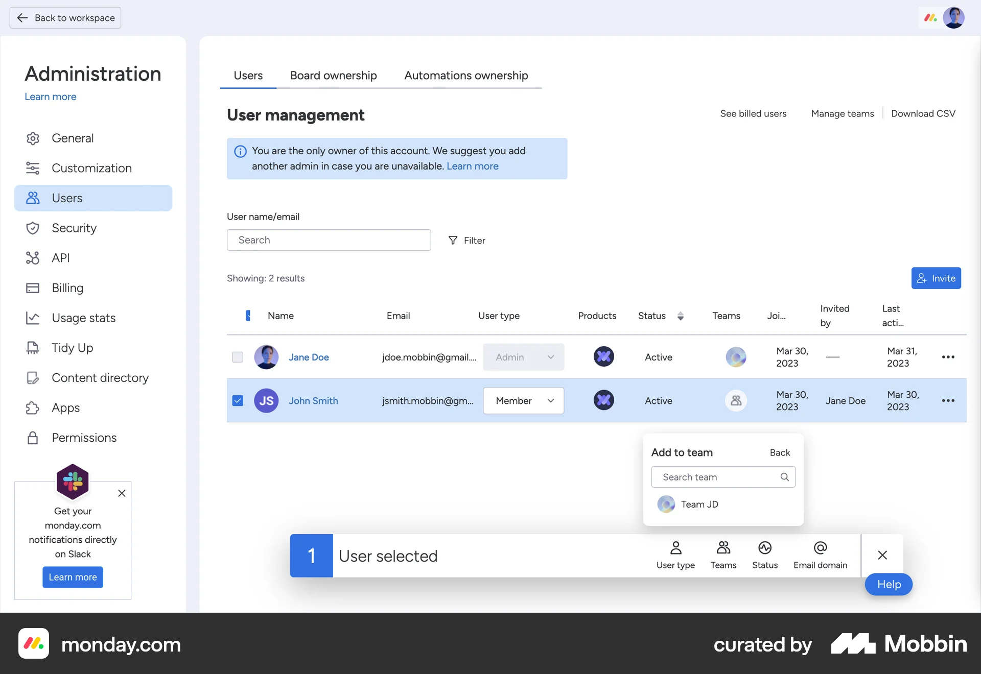 monday.com Web Admin UI screen