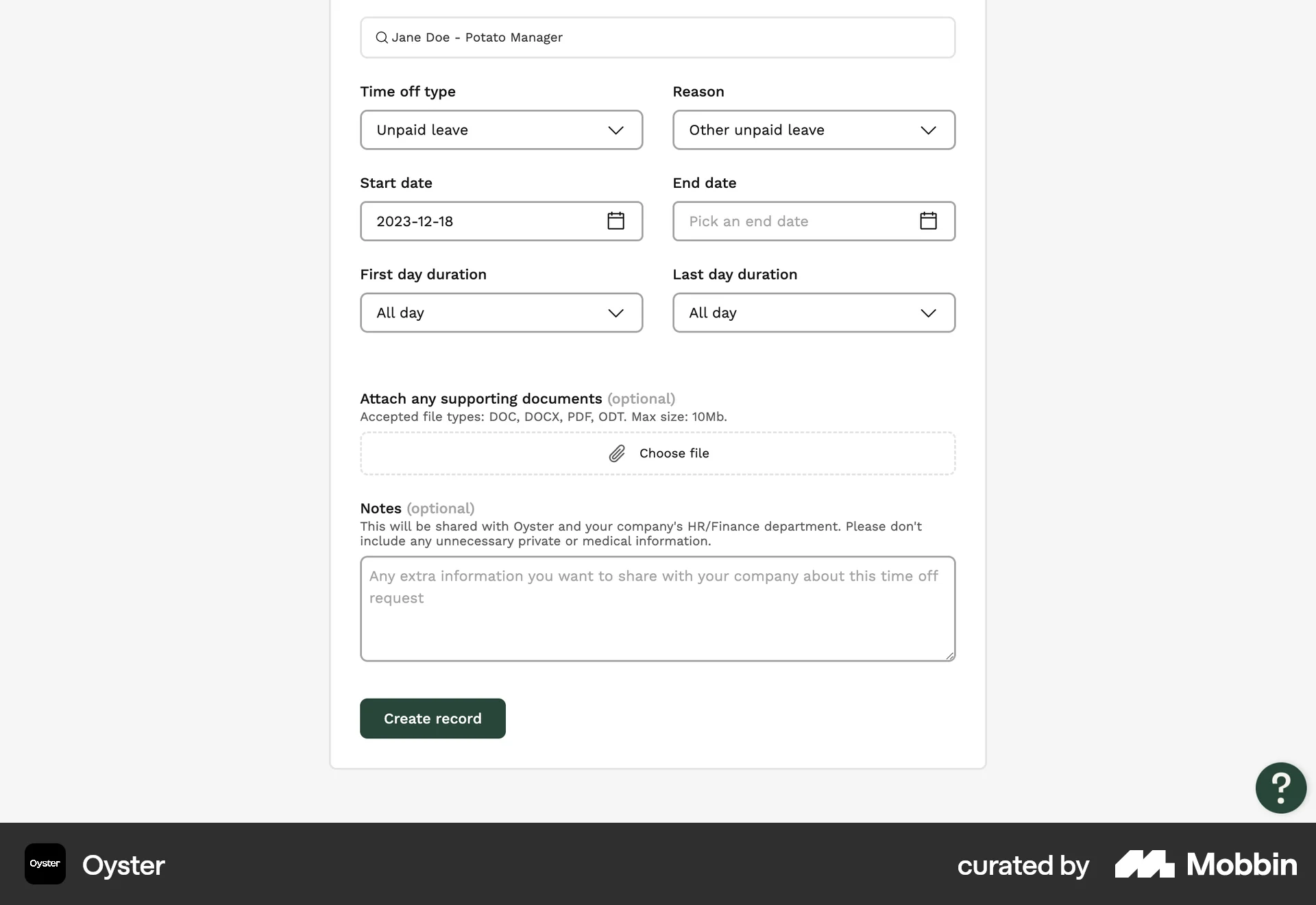 Oyster Web Web Form UI screen
