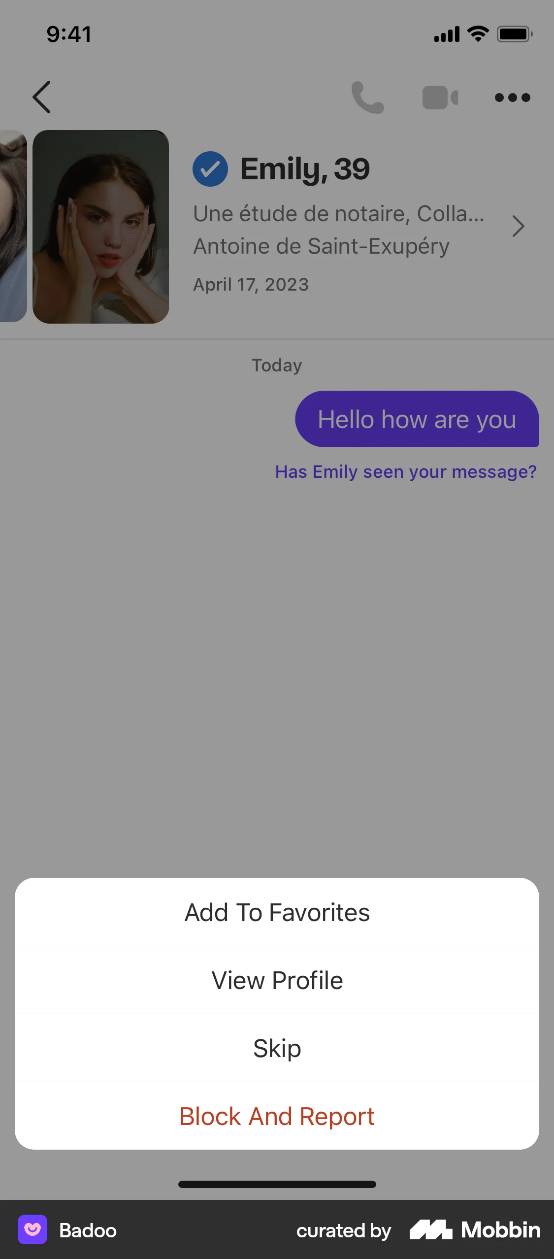 Badoo iOS screen containing Action Sheet UI element