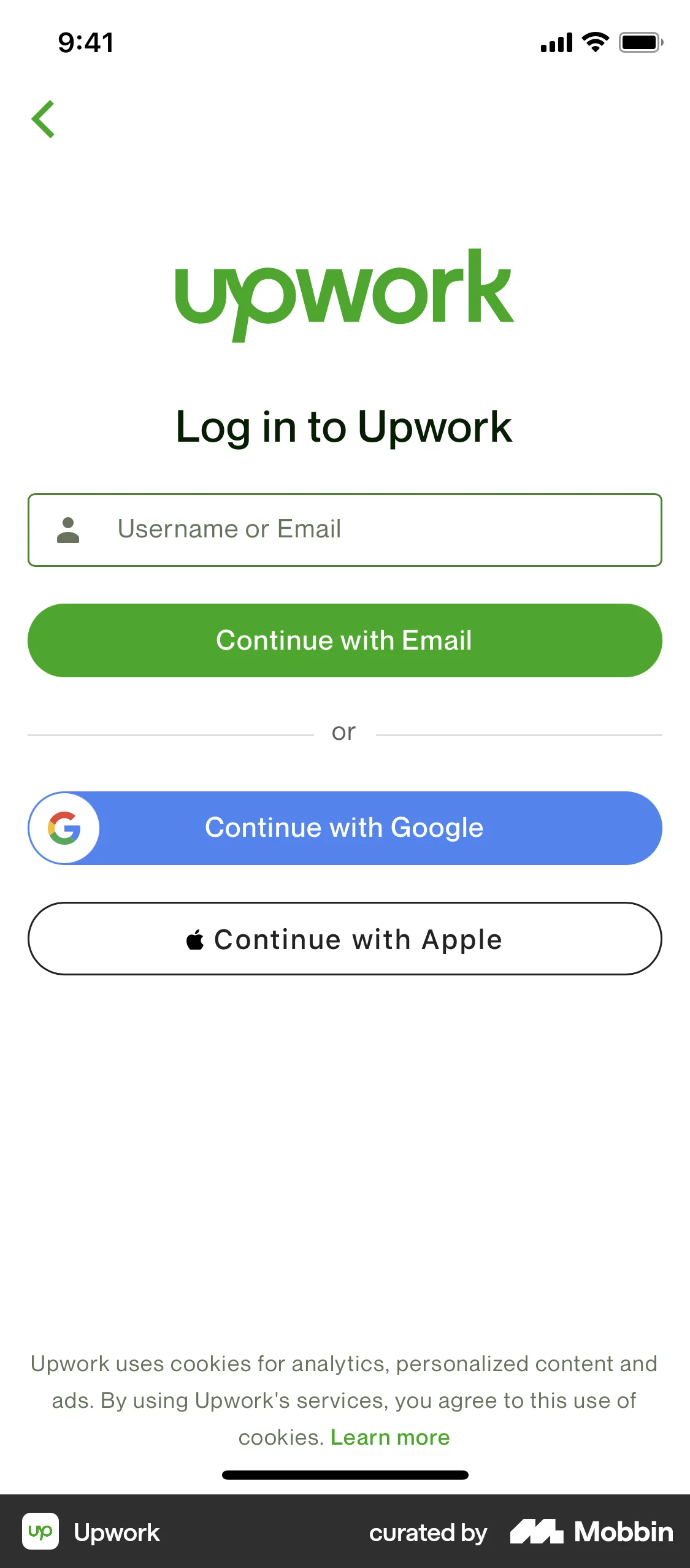 Upwork iOS Login screen