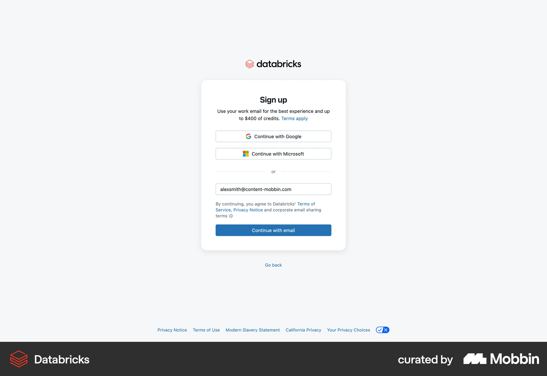 Databricks Web Signup screen
