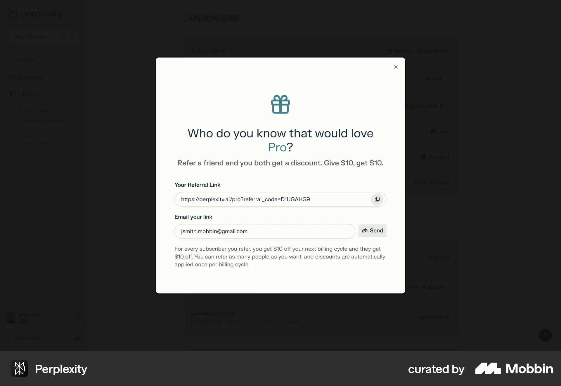 Perplexity Web Invite & Refer Friends screen