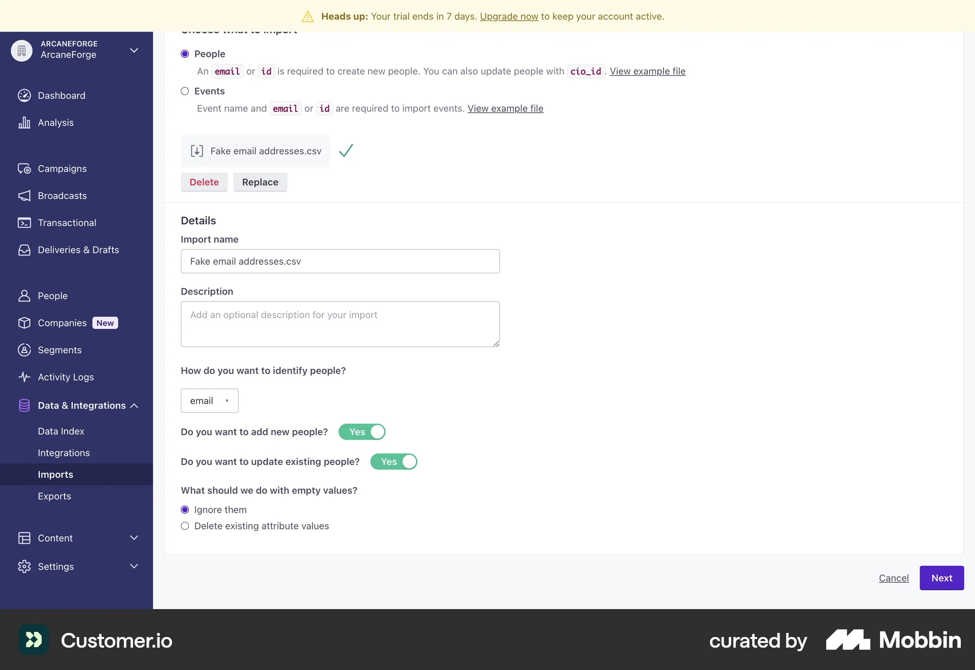 Customer.io Web Import & Export screen