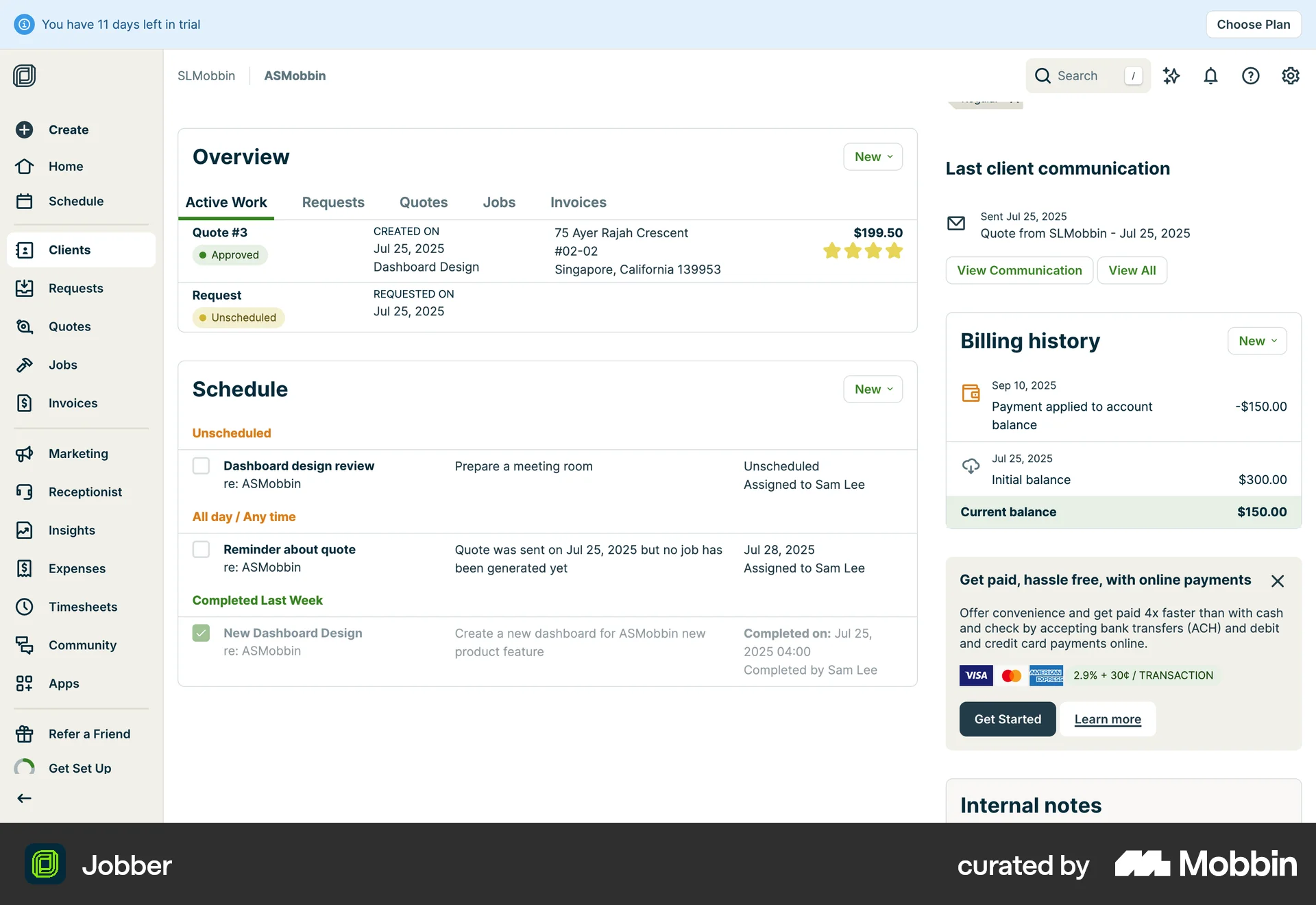 Jobber Web screen containing Tab UI element