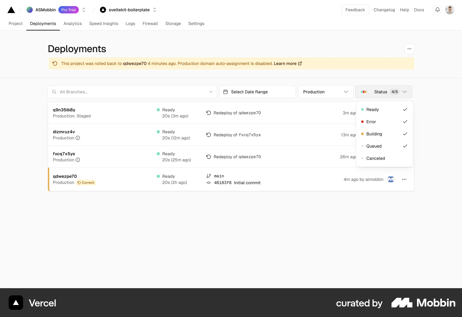 Vercel Web screen containing Select UI element