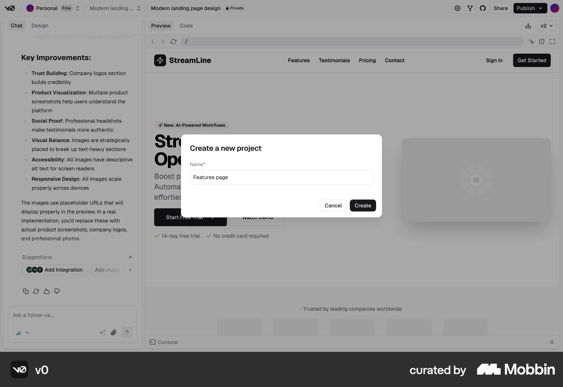 v0 Web Add & Create screen