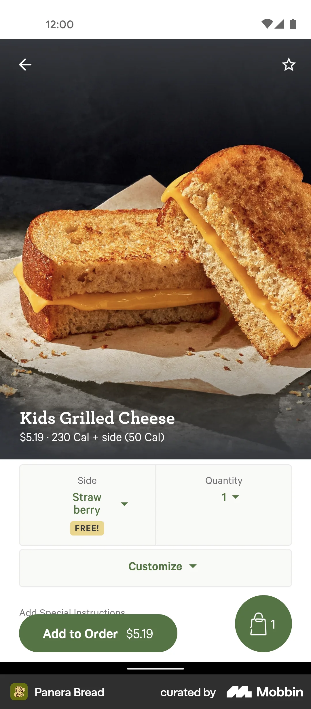 Panera Bread Android Product Detail screen
