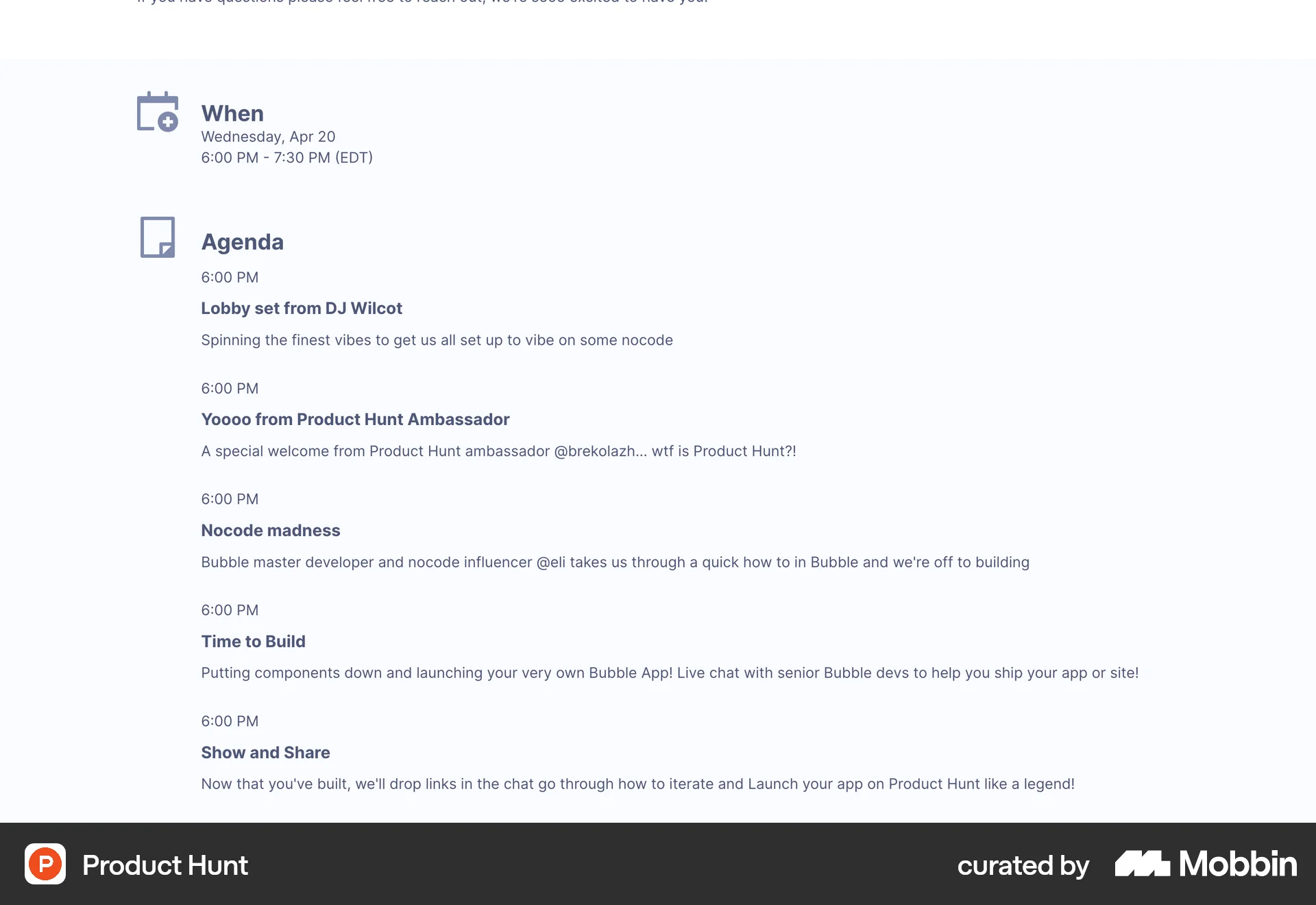 Product Hunt Web Event Detail screen