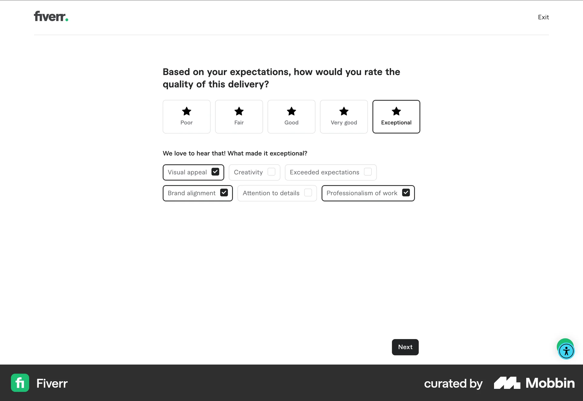 Fiverr Web screen containing Rating Control UI element