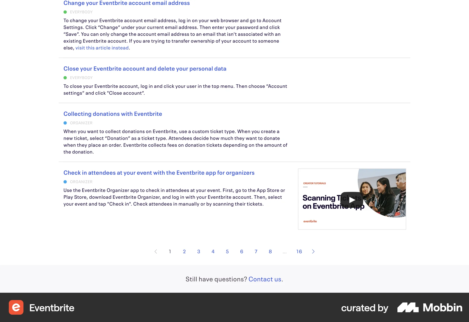 Eventbrite Web screen containing Pagination UI element