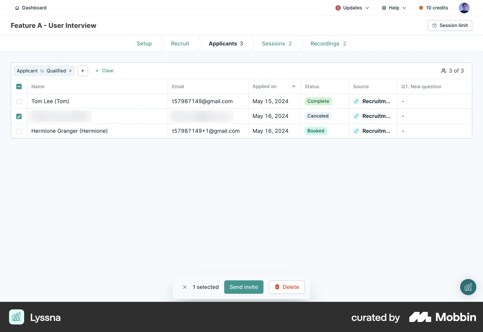 Lyssna Web screen containing Table UI element