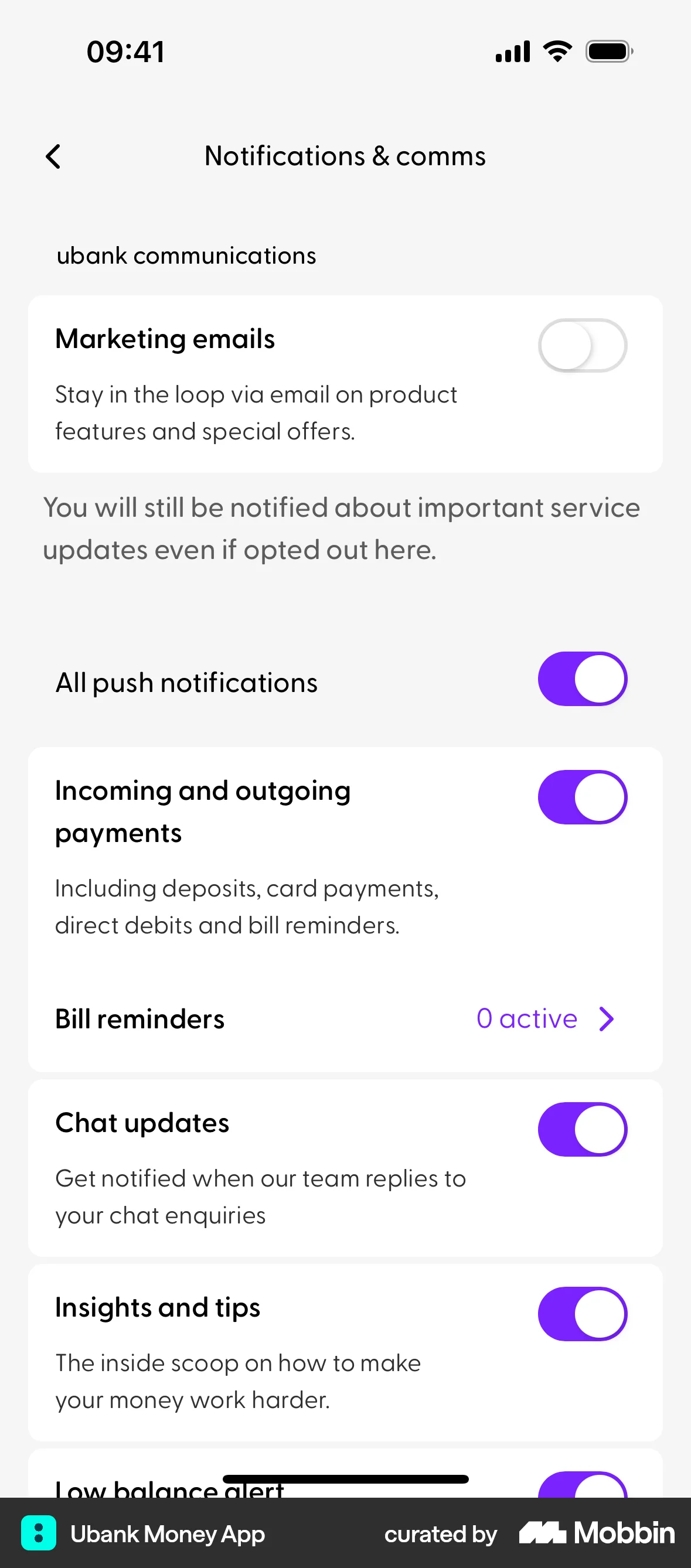 Ubank Money App iOS Settings & Preferences screen