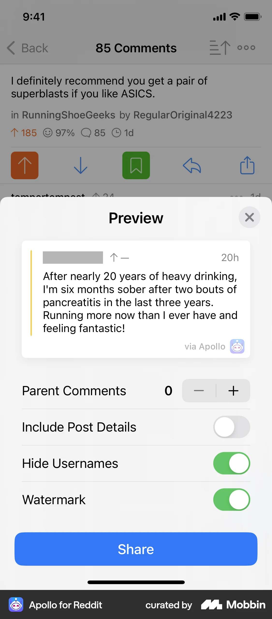 Apollo for Reddit iOS screen containing Stepper UI element