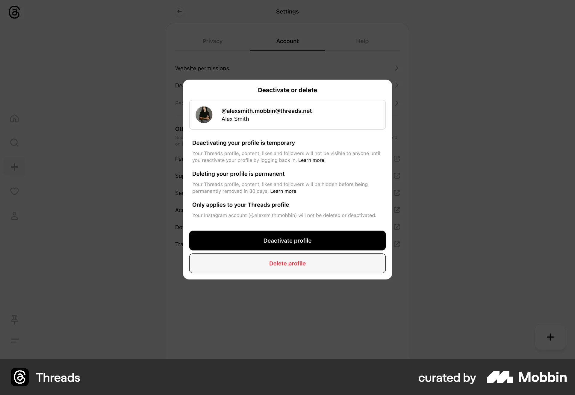 Threads Web Delete & Deactivate Account screen