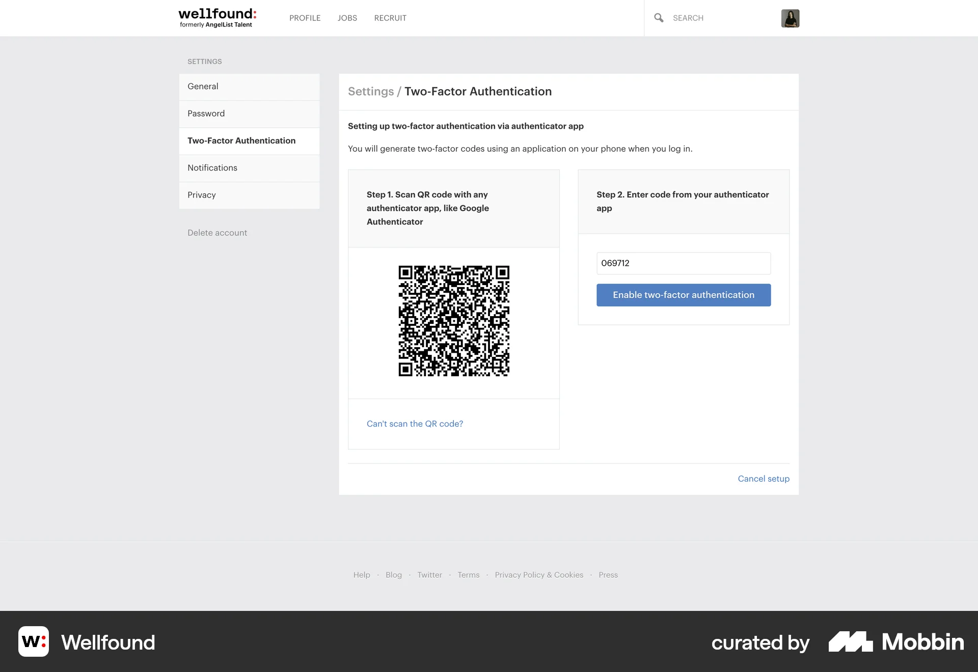 Wellfound Web QR Code screen