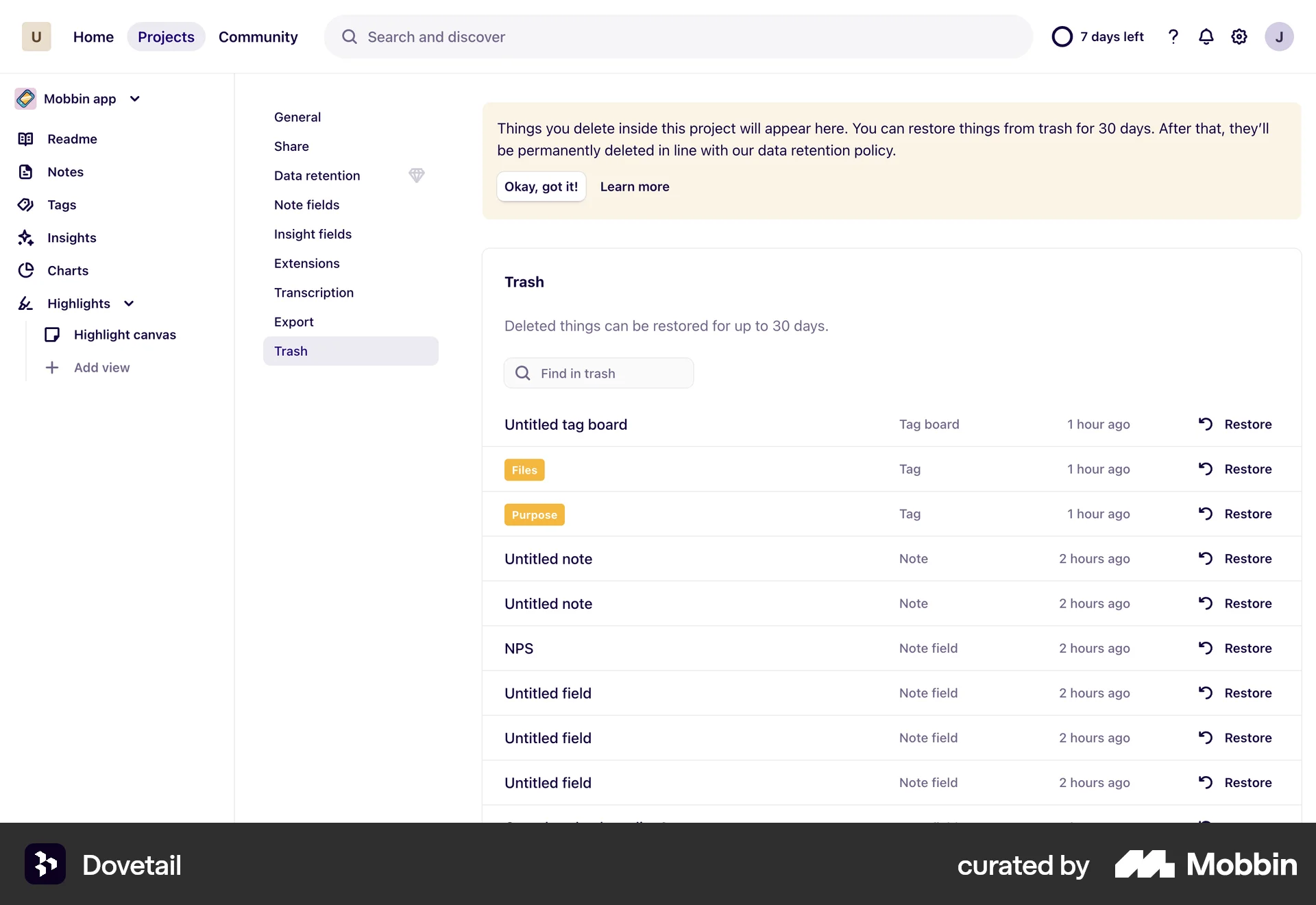 Dovetail Web Trash & Archive screen
