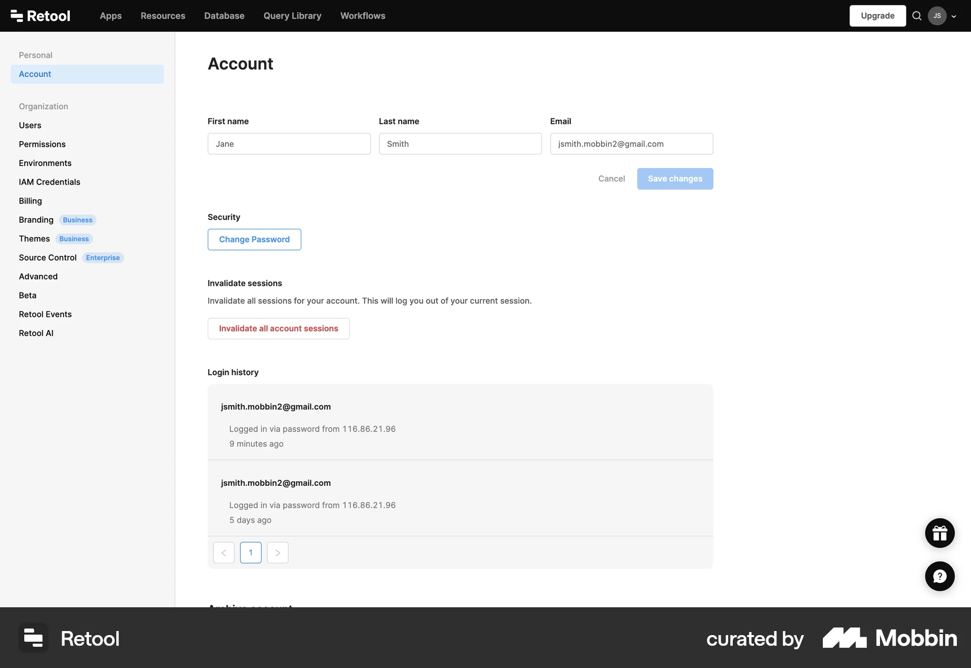 Retool Web Timeline & History screen