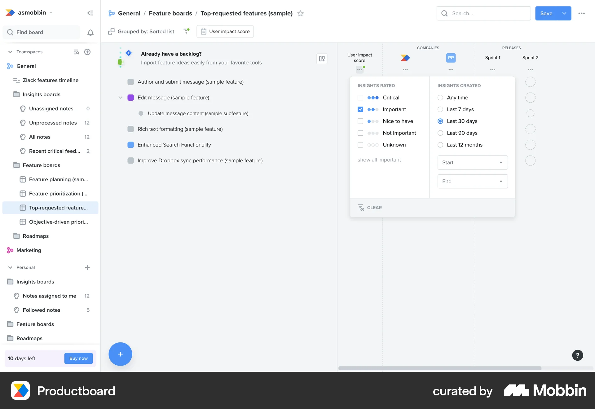 Productboard Web screen containing Radio Button UI element