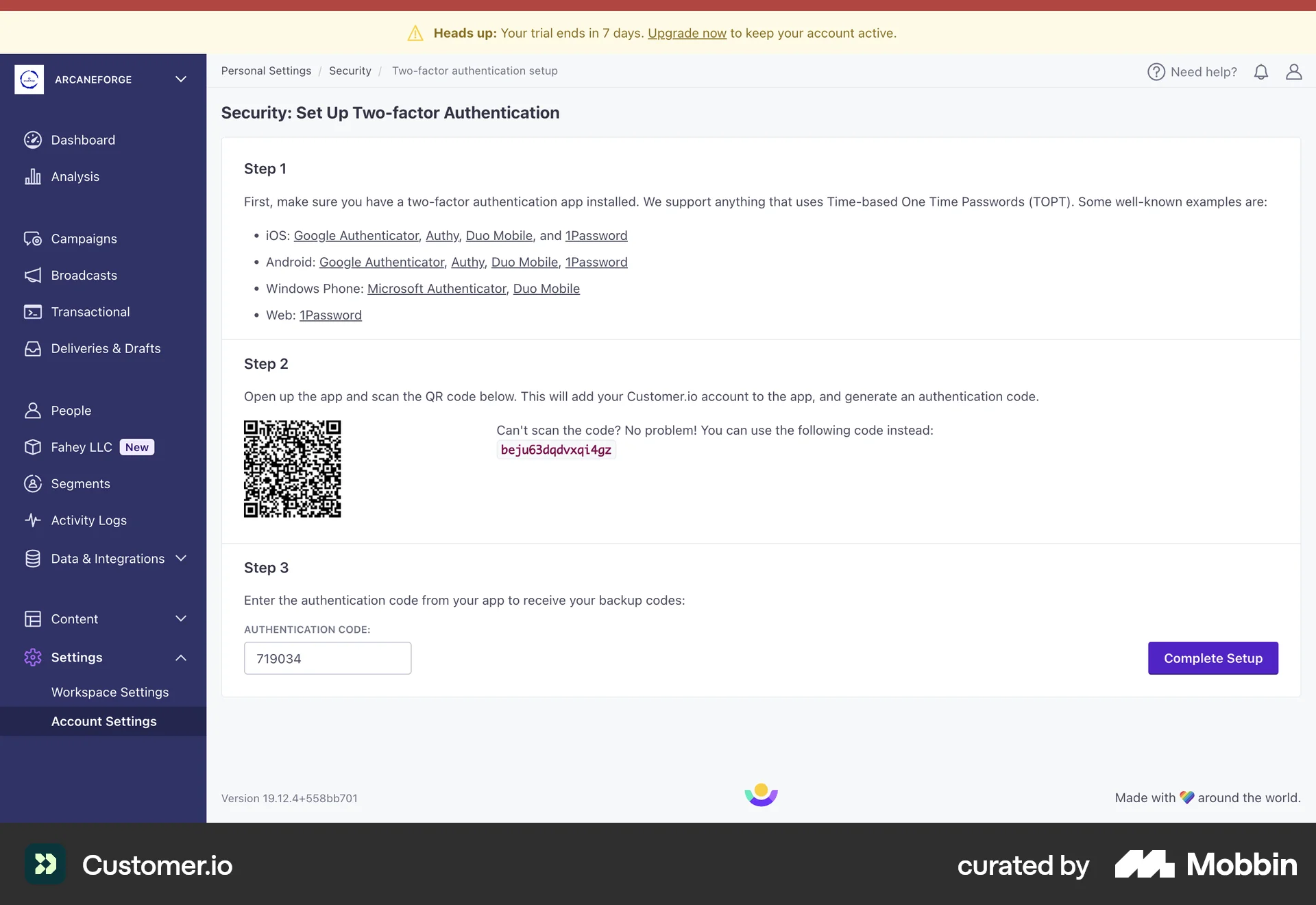 Customer.io Web QR Code screen