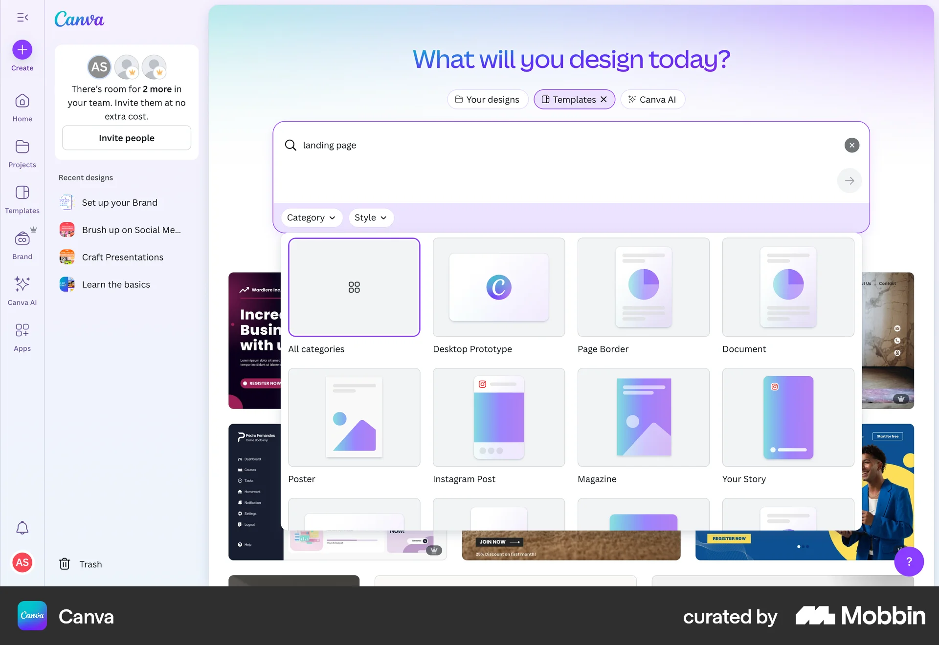 Canva Web Filter & Sort screen