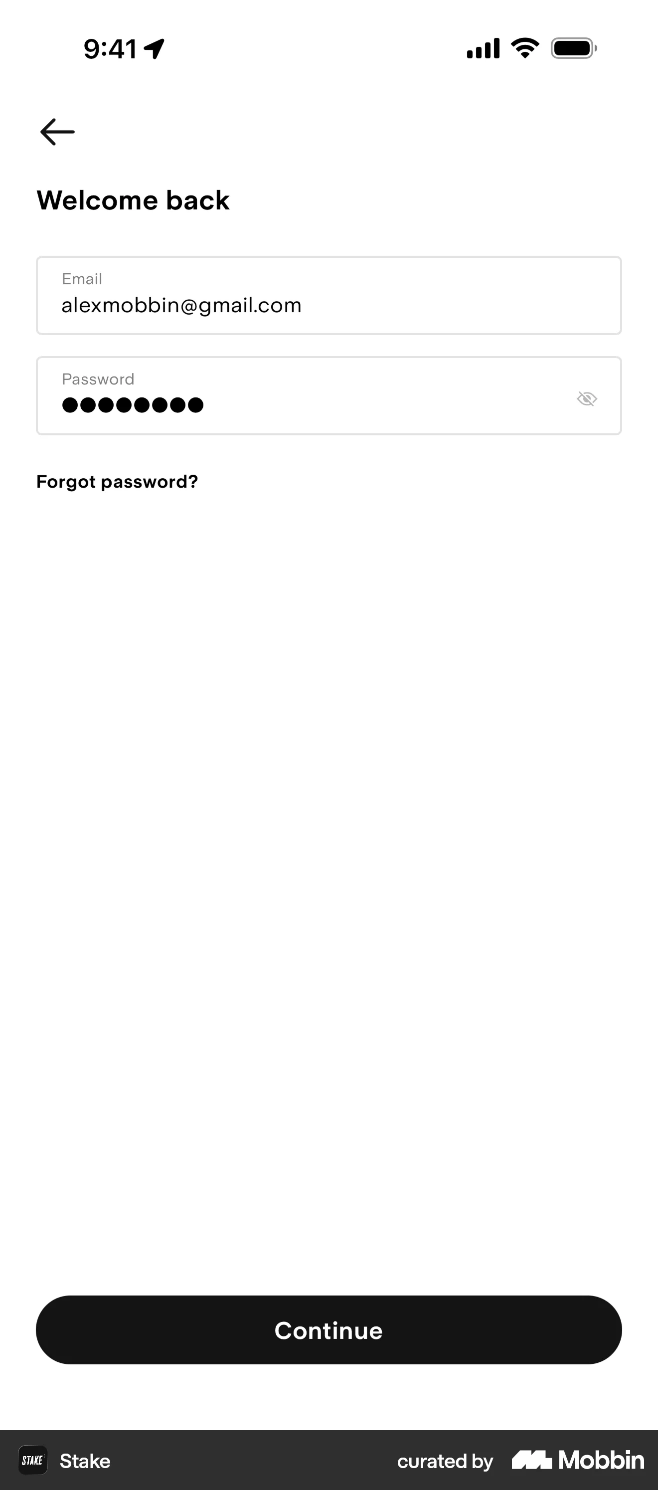 Stake iOS Login screen