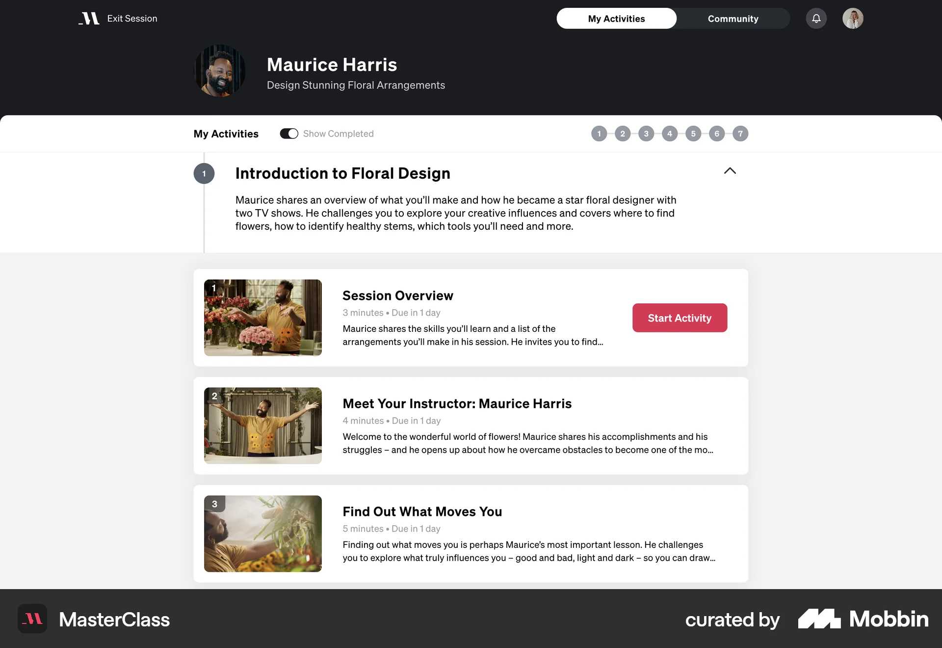 MasterClass Web screen containing Progress Indicator UI element