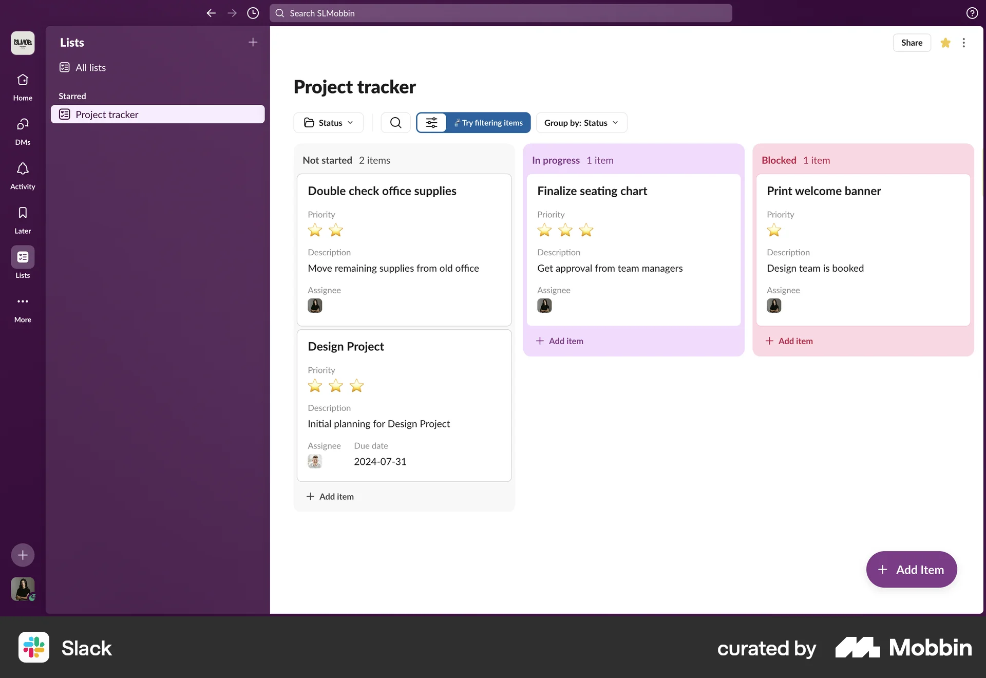 Slack Web Kanban Board screen