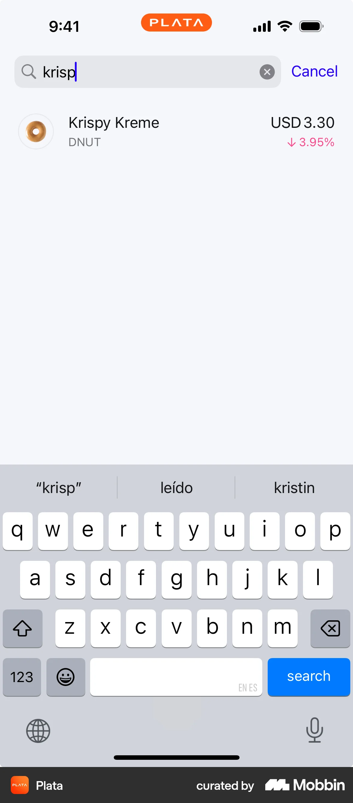 Plata Card iOS Search screen