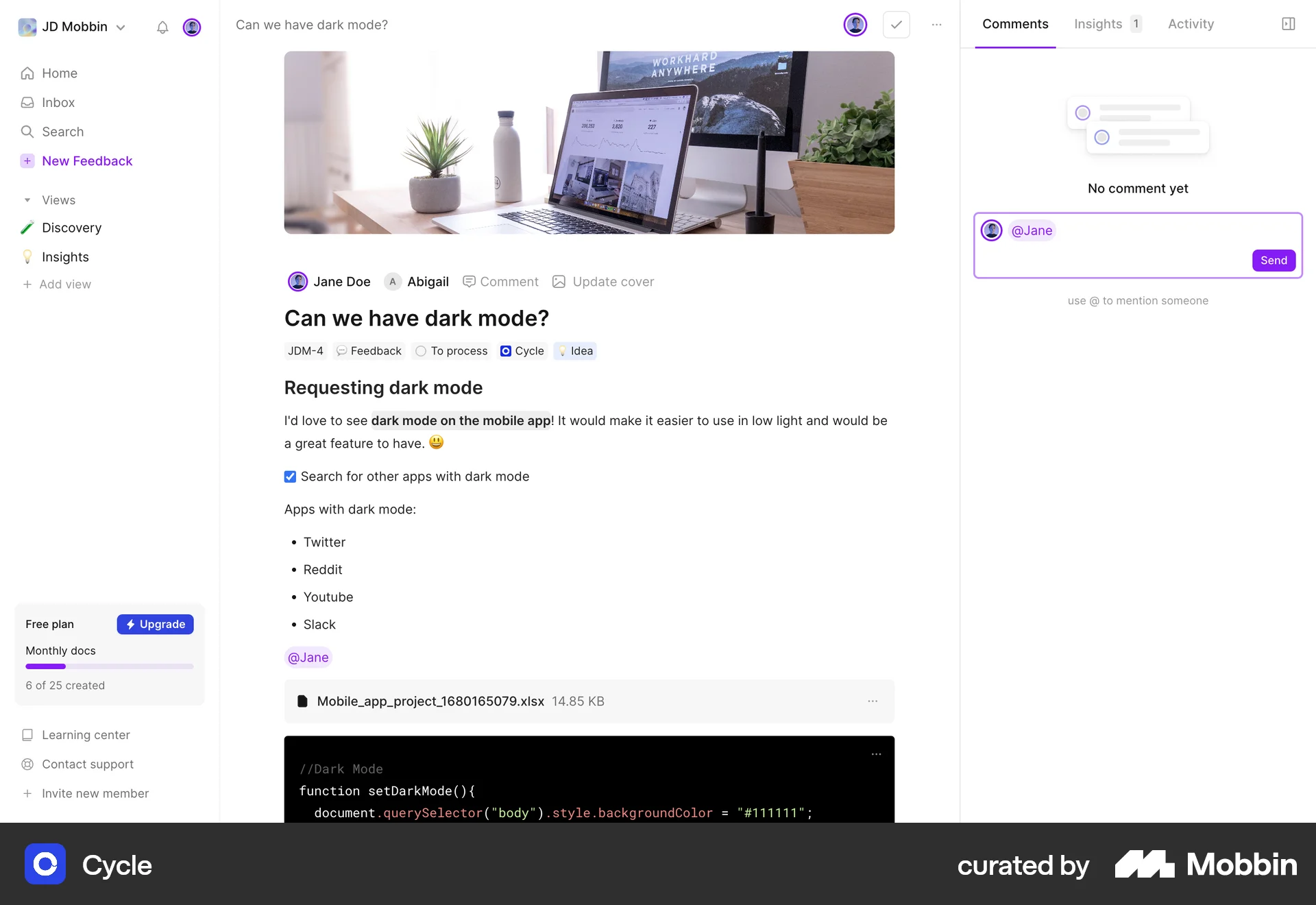 Cycle Web Comments screen