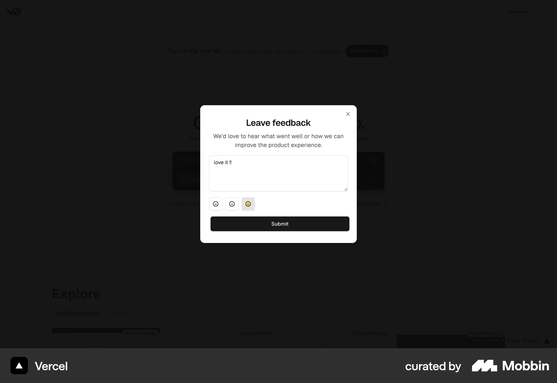 Vercel Web screen containing Rating Control UI element