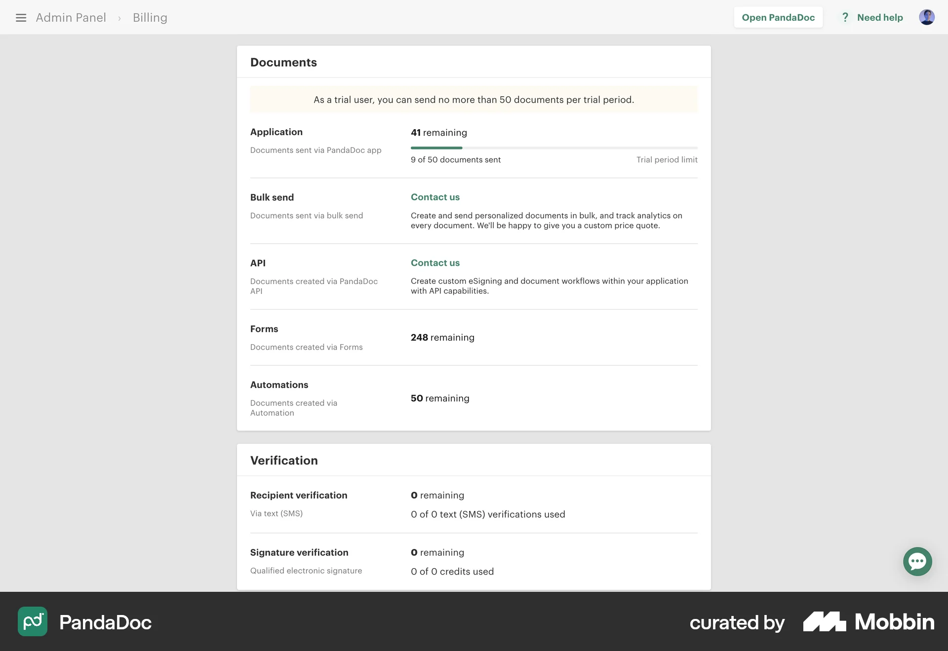 PandaDoc Web Billing screen