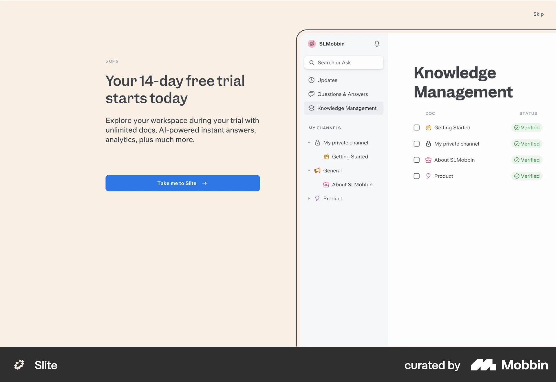 Slite Web Feature Info screen